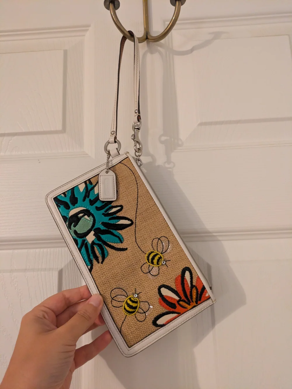 Coach Rare Y2K Floral & Bee Wristlet Wallet with White Leather Trim